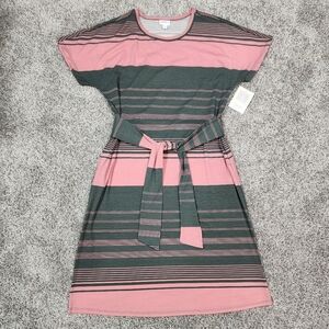 LuLaRoe Marly Pink and Gray Midi Belted Dress With Pockets